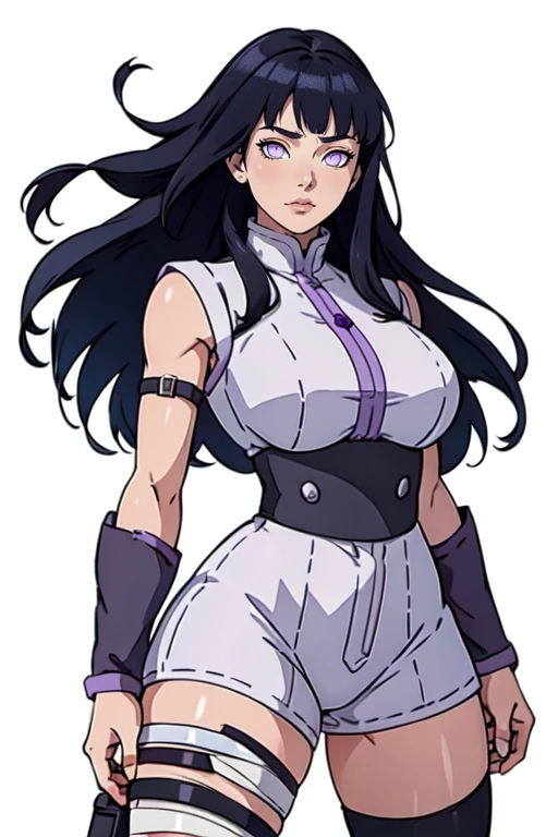 masterpiece,best quality,extreme detail,8k,white background,hinata2,1girl,solo,long hair,looking at viewer,simple background,black hair,thighhighs,white background,standing,purple eyes,==boots,bandages,knee boots,toeless footwear,cowboy_shot,upper_body,large breats, wide hips,