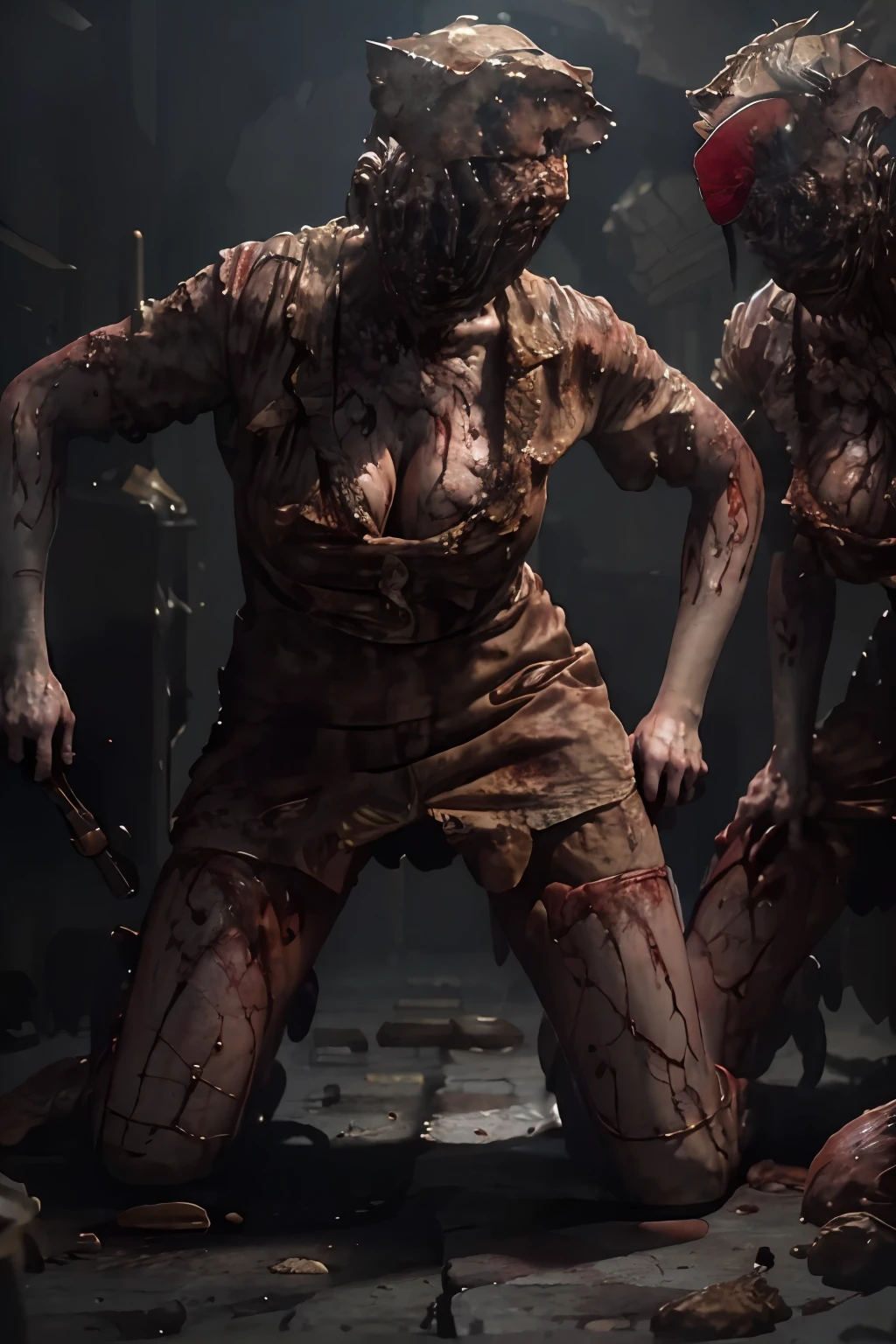 1girl,solo,outdoors,<lora:GoodHands-beta2:1>,(full body:1.3),(spread legs:1.1),<lora:0227 silent hill nurse_v1:0.9>,ruanyi0227,faceless,no eyes,nurse,nurse cap,red background,(on ground:1.2),(huge breasts:1.3),blood,skirt lift,bandages,nurse \(silent hill\),<lora:BodHor-V1:0.8>, (bodhor:1.2),((disgusting body horror)),, best quality,masterpiece,highres,official art,extremely detailed cg unity 8k wallpaper