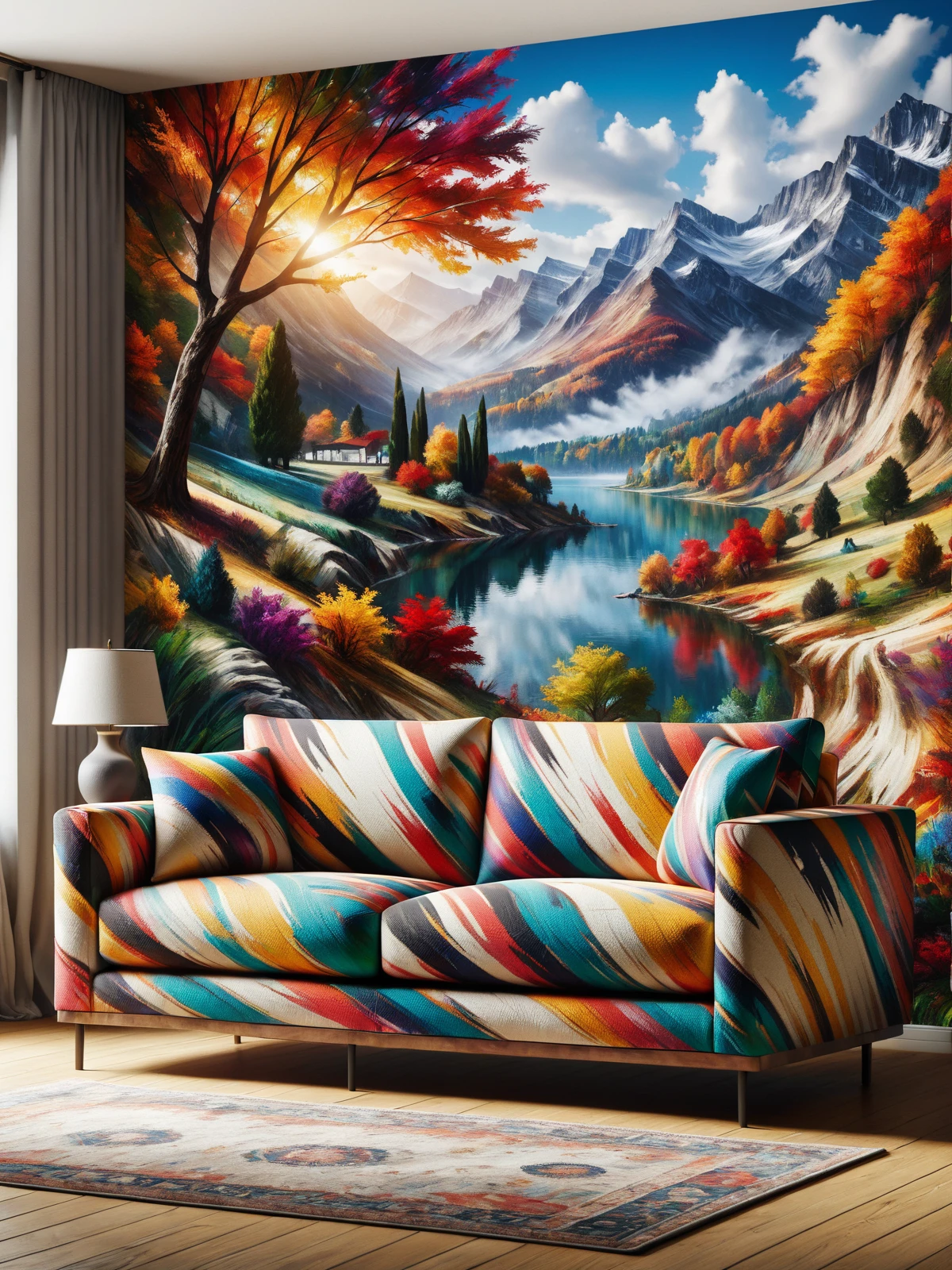 colorful mad-exp sofa in living room, photo of a landscape on the wall  <lora:Colorful_Expressionism_SDXL:0.8>, (masterpiece:1.2), best quality, (hyperdetailed, highest detailed:1.2), high resolution textures