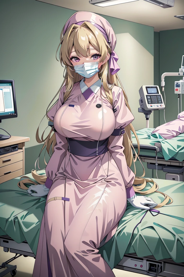 ((masterpiece, best quality,lower_body)), operating table,medical monitors,hospital bed,  <lora:Hitomi Naruse v1:0.8> (hitomi naruse, 1girl, very long hair, large breasts, blonde hair, purple eyes, hair ribbon, antenna hair), <lora:surgical_v3:0.8> (surgical_uniform_3.0, surgical mask, gloves,surgical cap,long sleeves),