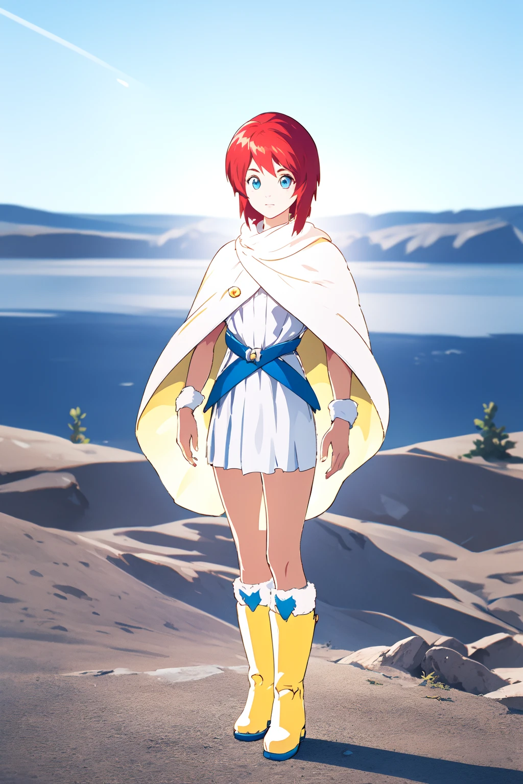 (RAW photo, best quality), 1girl, natural lighting, solo, simple background, full body,
<lora:ps2_amy_v1_2-000006:1>, ps2_amy, cape, white boots, yellow one-piece, blue belt,