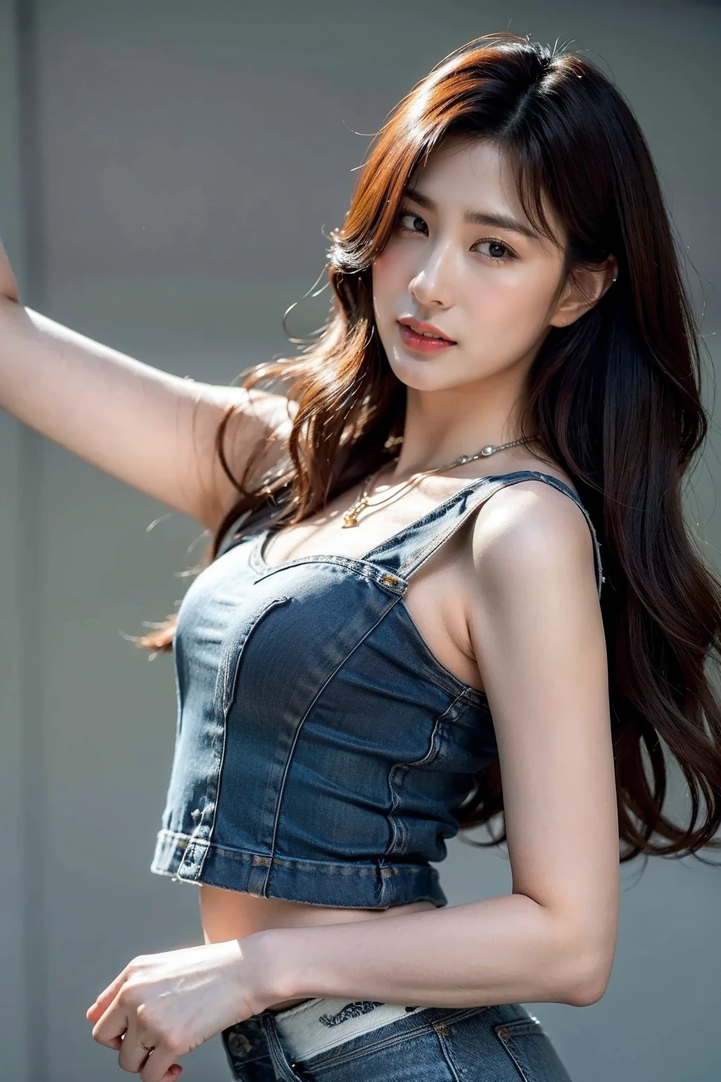 (realisticlying, A high resolution:1.3), 1 girl with a perfect body, Super fine face and eyes,long whitr hair,Wearing necklaces and earrings, Crewneck vest of random color:1.2,short denim skirt,Strike in random poses,Night falls,Near Future City,middlebreast,Anatomically normal,Glow particle effect,