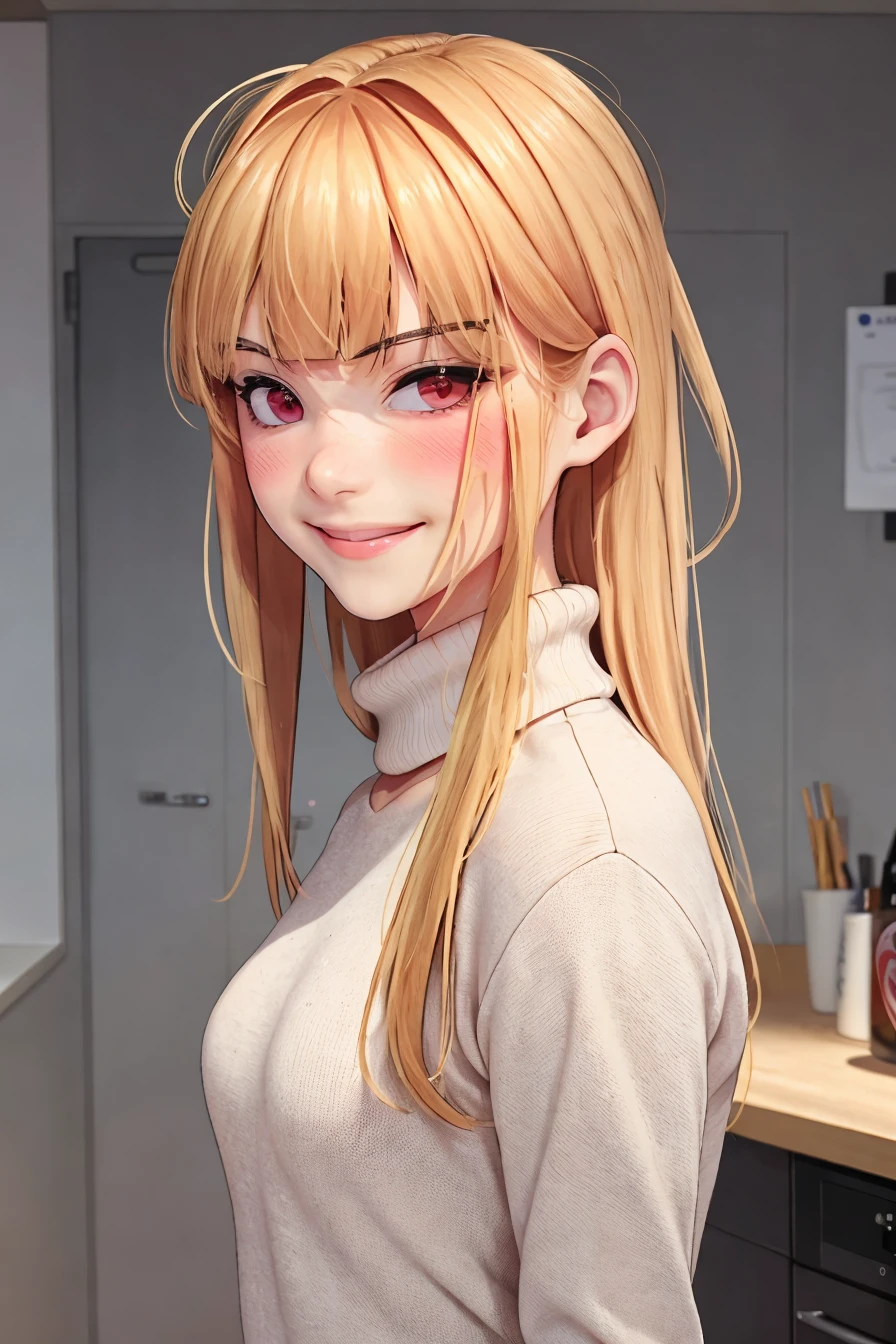 raw photo, <lora:ddckimsungah:.9>, ddckimsungah, 1girl, blonde hair, red eyes, bangs, small breasts, blunt bangs, raw photo, upper body, turtleneck sweater, slight smile