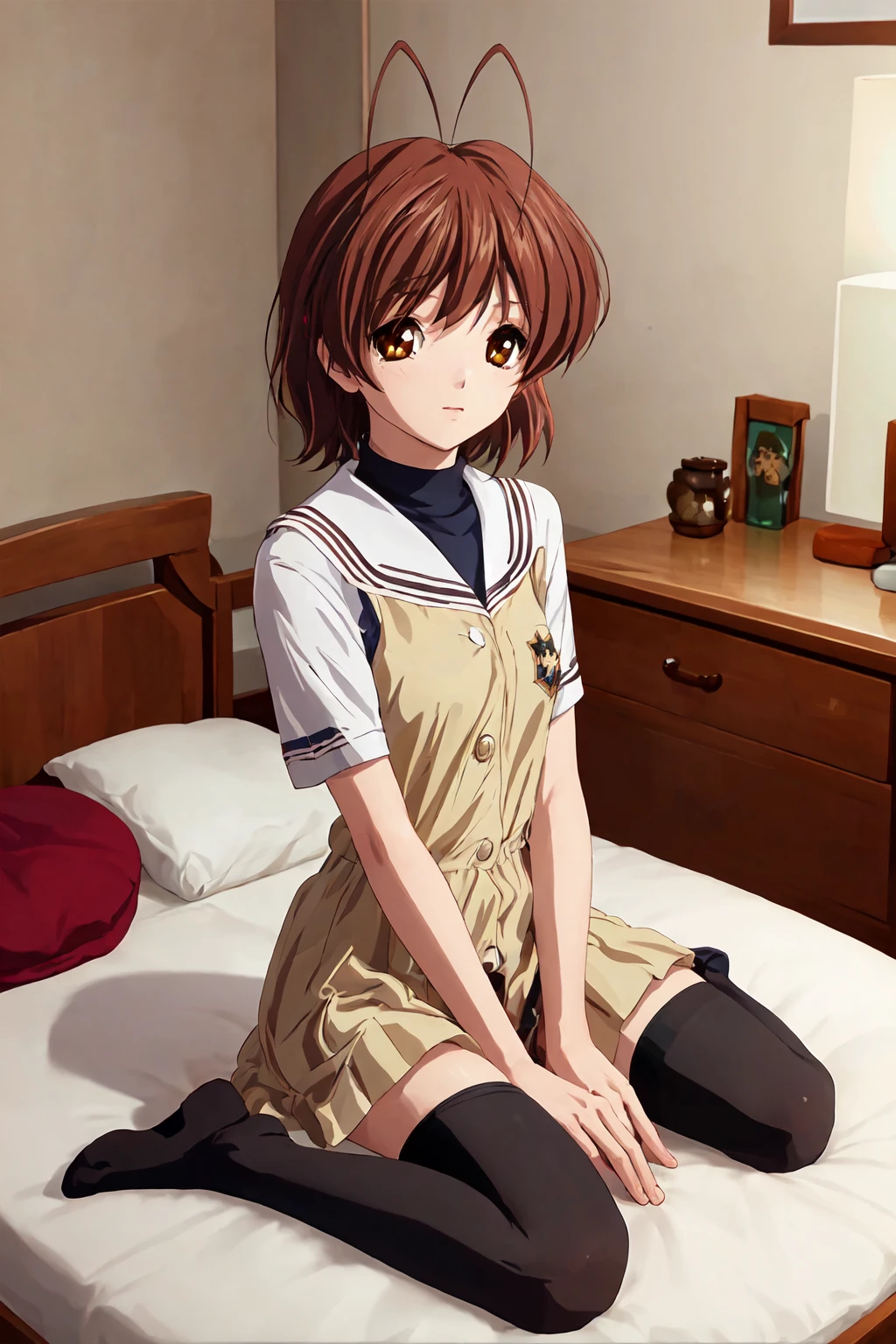 (masterpiece, best quality, highres:1.1), (detailed background), indoors, bedroom,
1girl, ( furukawa nagisa:1.1), solo, wariza, short hair,
looking at viewer, black thighhighs, <lora:nagisa-000020:0.8>