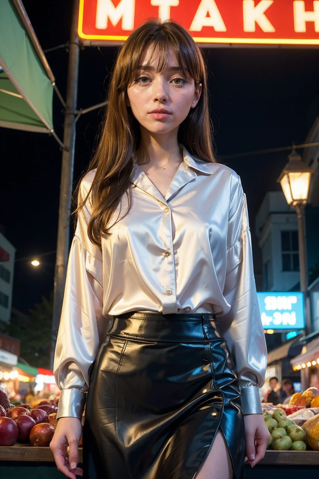 a woman wearing silk blouse and midi skirt, street market, (silhouette lighting:0.5) <lora:fic-wendy:0.9>