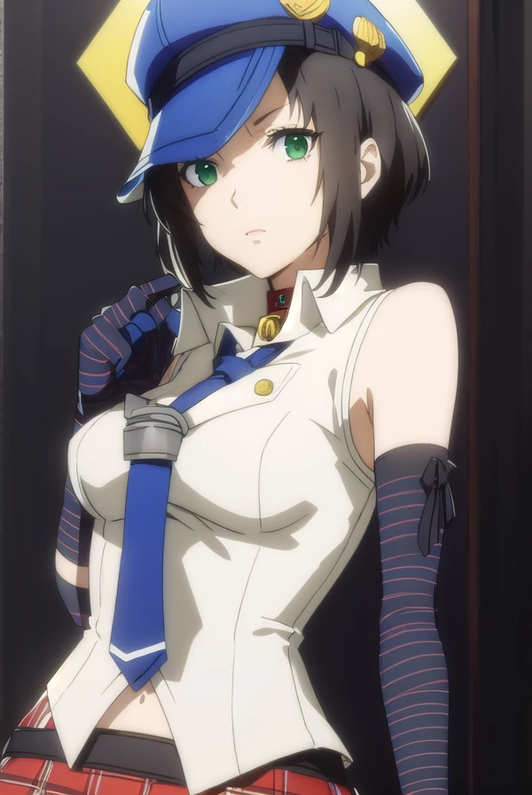 marikokusumi, <lora:mariko kusumi s1-lora-nochekaiser:1>,
mariko kusumi, short hair, black hair, (green eyes:1.3),
BREAK skirt, shirt, gloves, hat, white shirt, necktie, sleeveless, choker, elbow gloves, striped, belt, fingerless gloves, plaid, sleeveless shirt, red skirt, plaid skirt, striped gloves,
BREAK outdoors,
BREAK looking at viewer,
BREAK <lyco:GoodHands-beta2:1>, (masterpiece:1.2), best quality, high resolution, unity 8k wallpaper, (illustration:0.8), (beautiful detailed eyes:1.6), extremely detailed face, perfect lighting, extremely detailed CG, (perfect hands, perfect anatomy),