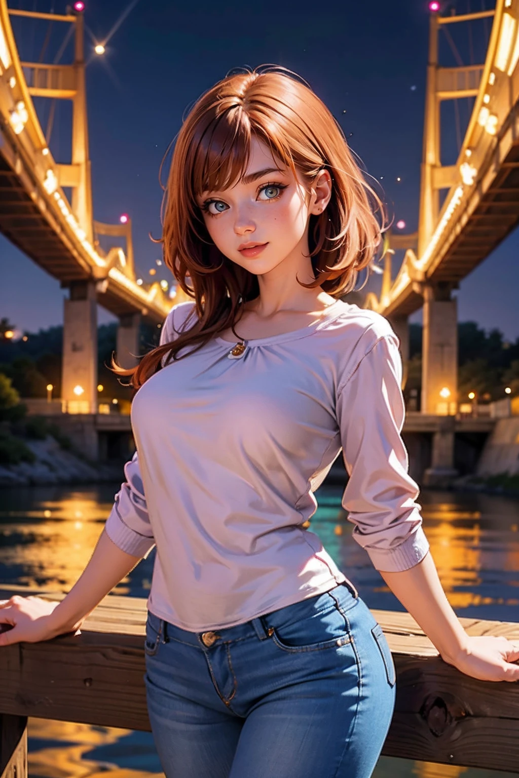 a woman wearing tunic top and jeggings, bridge, (silhouette lighting:0.5) <lora:fic-patricia:0.9>