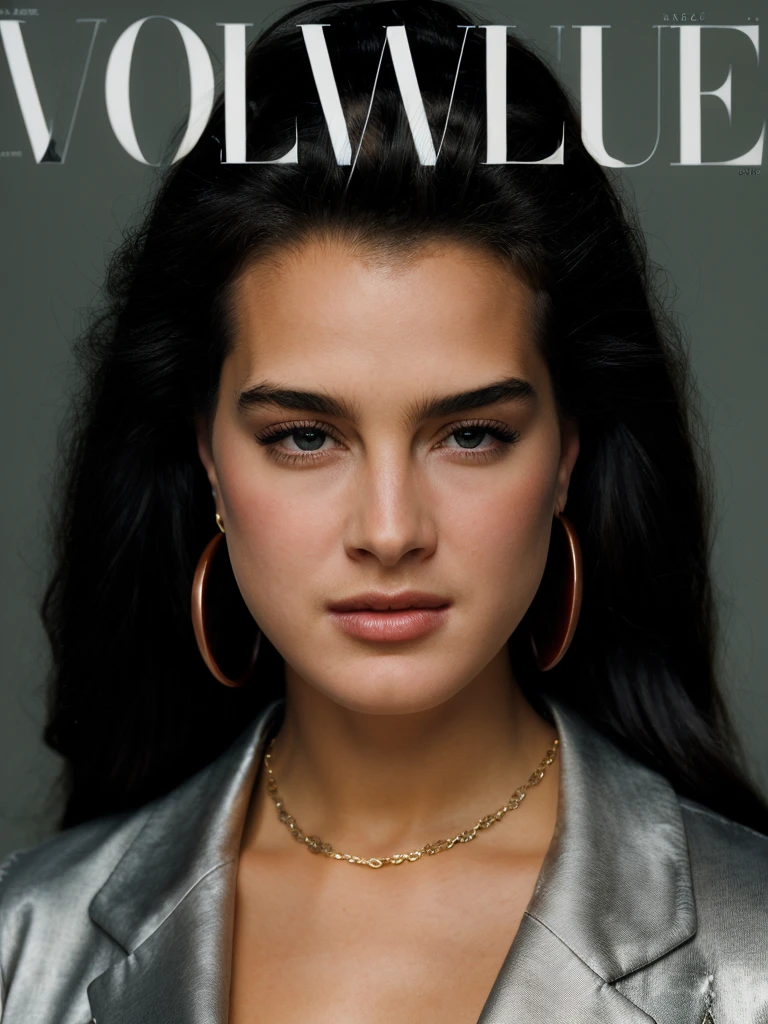A beautiful br00k3s woman,1girl,solo,looking at viewer,black hair,jewelry,jacket,earrings,parted lips,artist name,black eyes,english text,lips,cover,portrait,web address,realistic,magazine cover,fake cover,soft lighting, professional Photography, Photorealistic, detailed, RAW, analog, sharp focus, 8k, HD, high quality, masterpiece<lora:br00k3s:1.0>