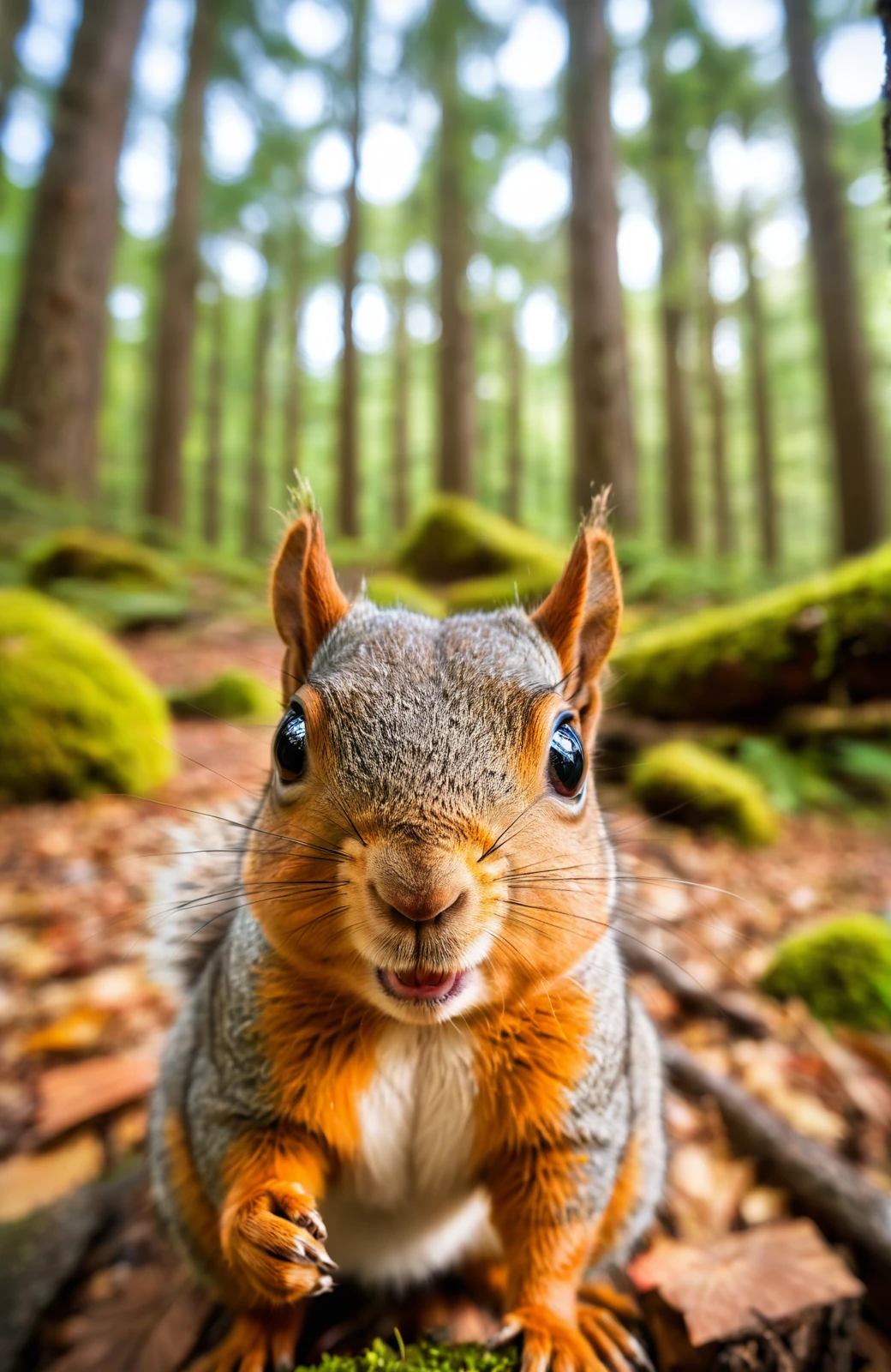 Unusual squirrel takes self-portrait with old fisheye lens, Forest forms natural backdrop, serious and intense expression captured, tilt-shift technique blurs background, cool ethereal light casts enchanting glow, image blends realism and whimsy.