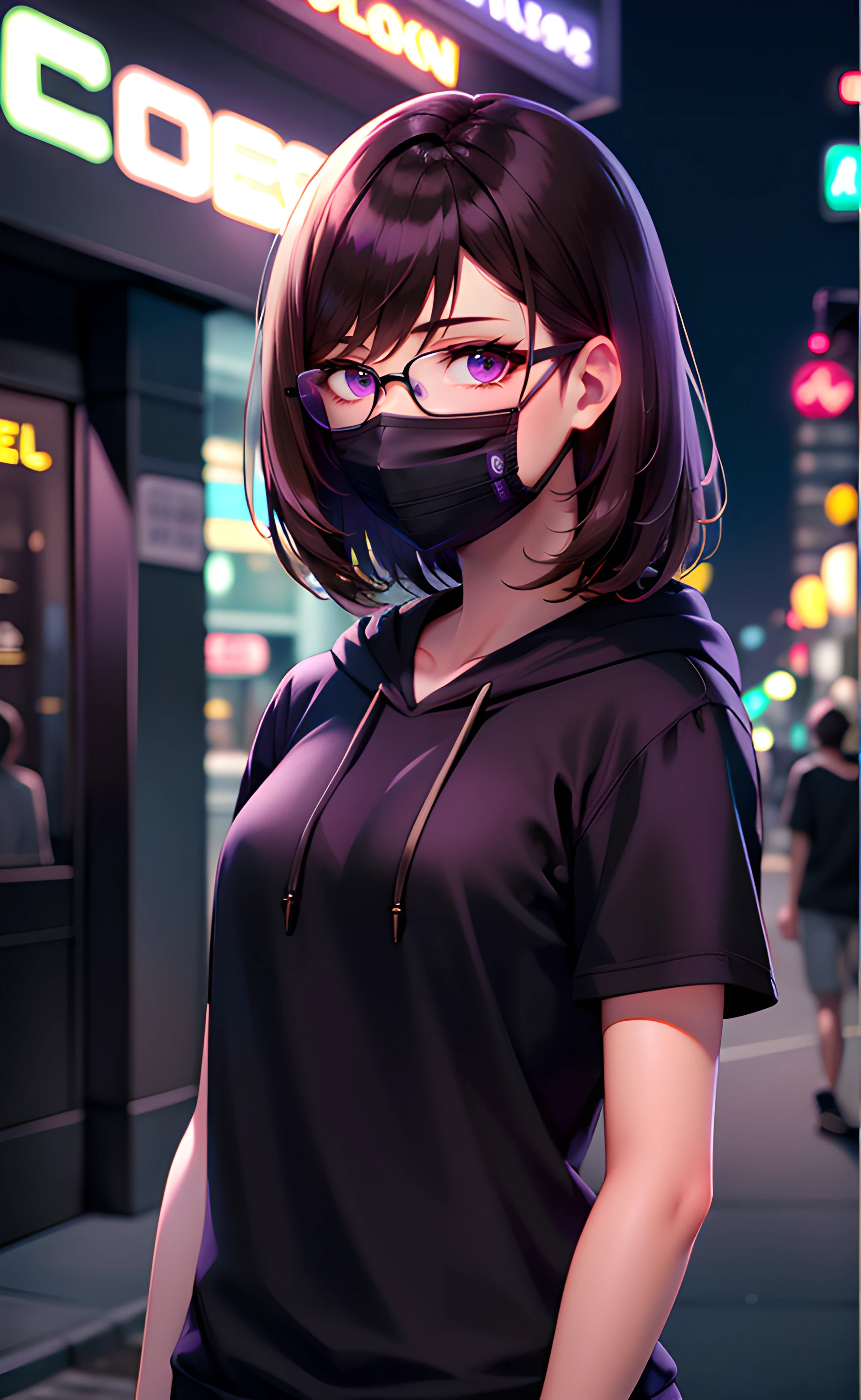 1girl, upper body, standing, medium hair, brown hair, purple eyes, black glasses, black mask, mouth mask, black hoodie, short sleeves, outdoors, city, street, night, neon lights