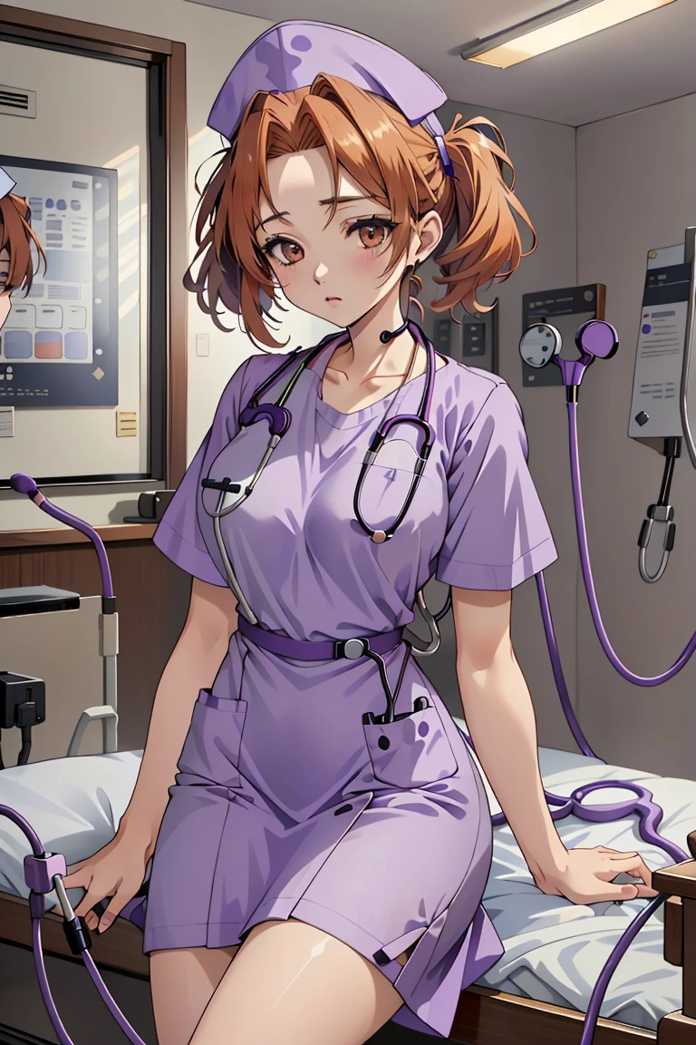 ((masterpiece, best quality,lower_body)), operating table,medical monitors,hospital bed, <lora:Chika Naruse v1:0.8> (chika naruse, 1girl, twintails, orange hair, brown eyes) <lora:0- CL - Purple Nurse:0.8> (purple_nurse_cst, stethoscope, nurse, nurse cap, purple headwear, purple dress, jewelry),