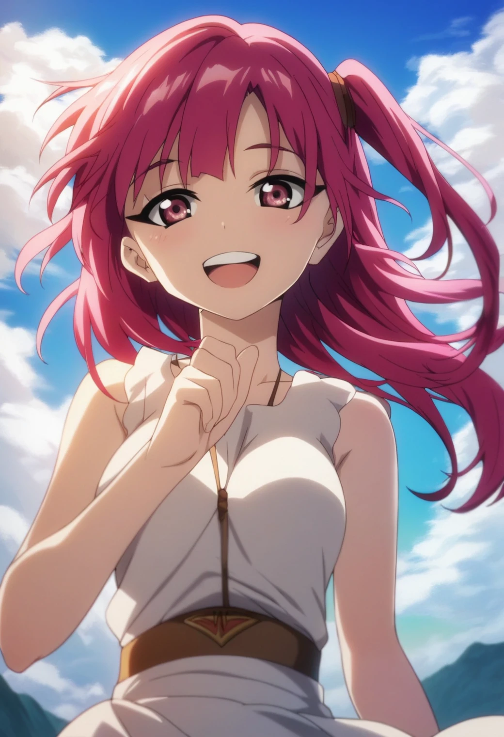 1girl, morgiana, solo, <lora:morgiana_ponyxl:0.8>, pink eyes, pink hair, one side up, BREAK
white dress, sleeveless, bare shoulders, BREAK
:d, upper body, open mouth, smile, floating hair, BREAK
blue sky, cloud, cloudy sky, day, outdoors, sky, wind, BREAK
score_9, score_8_up, score_7_up, score_6_up, score_5_up, score_4_up, anime,
(high quality, detailed, beautiful), shiny, detailed beautiful eyes, outstanding, countershading, detailed soft lighting