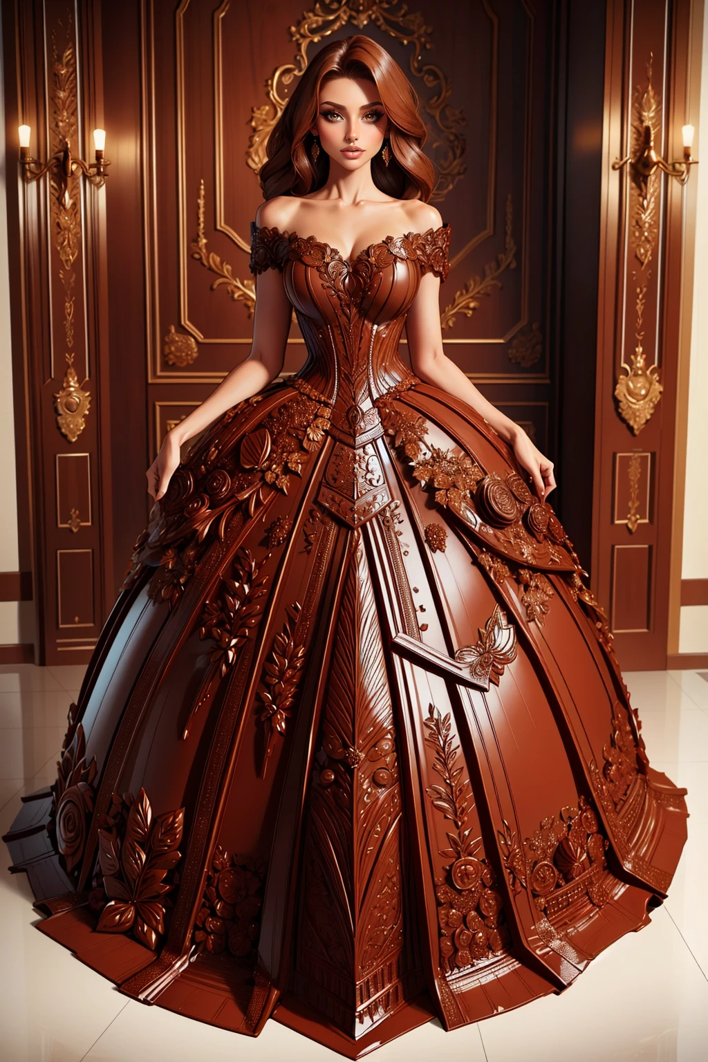 ((Masterpiece, best quality,full body)),
edgChoco, woman wearing a dress made of chocolate ,wearing edgChoco
 <lora:edgChocolatv1:1>