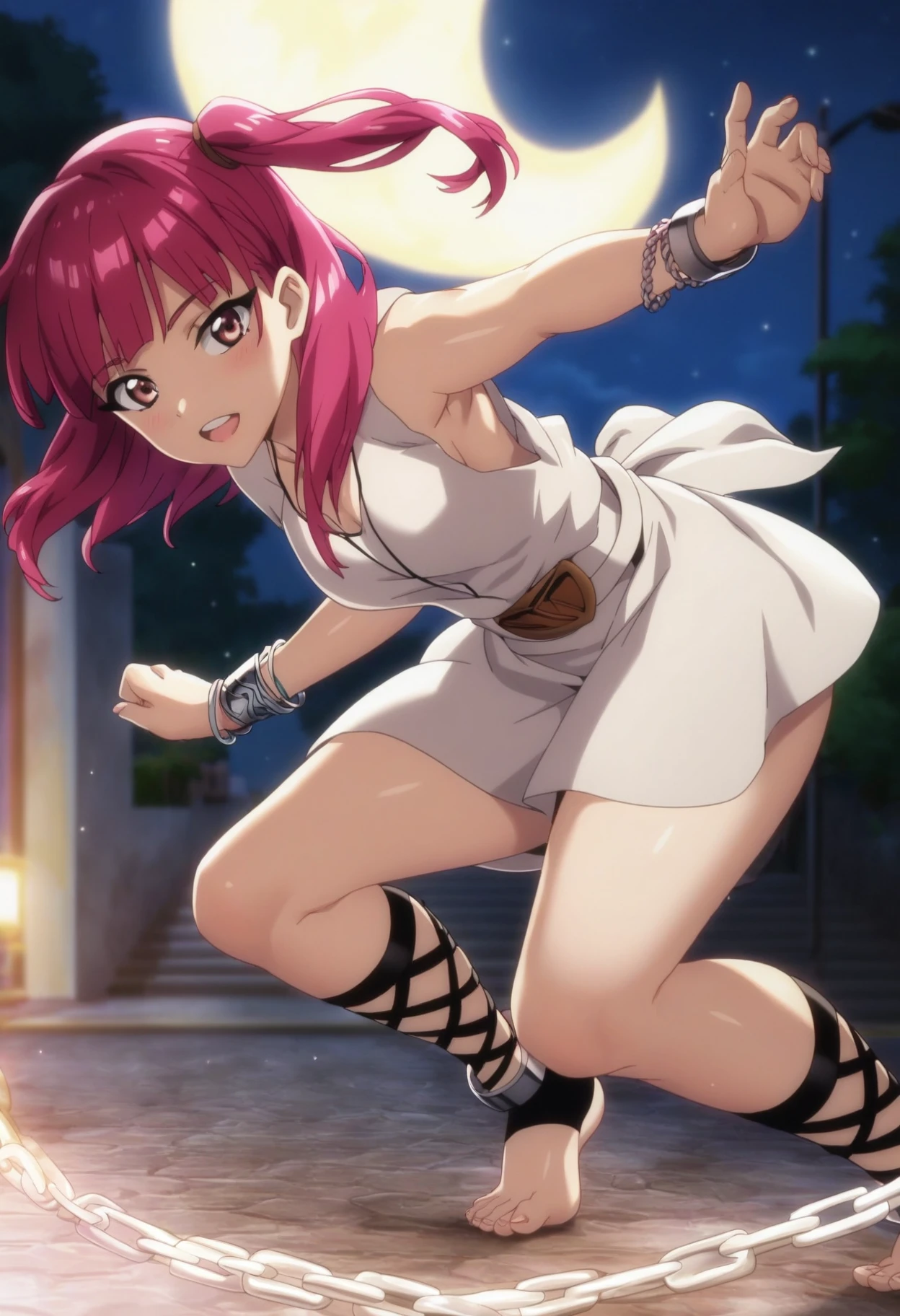 1girl, morgiana, solo, <lora:morgiana_ponyxl:0.8>, pink eyes, pink hair, one side up, BREAK
barefoot, (chain), white dress, bracelet, ankle lace-up, BREAK
dynamic pose, BREAK
night, dark, BREAK
score_9, score_8_up, score_7_up, score_6_up, anime,
(high quality, detailed, beautiful), shiny, detailed beautiful eyes, outstanding, countershading, detailed soft lighting