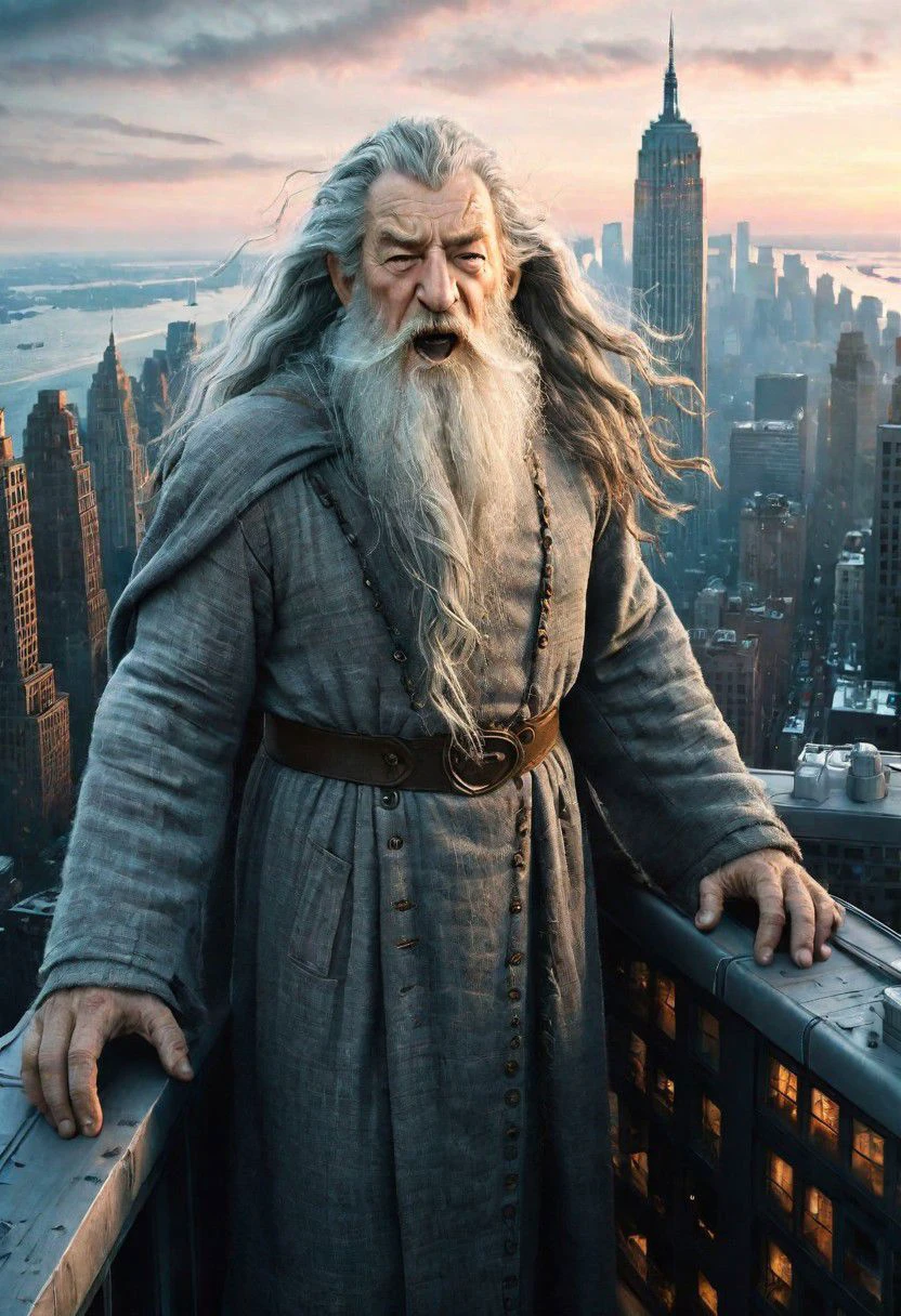 (Colossus:1.0) Gandalf  atack New York,high quality, detailed background, 8k,35mm ,detailed face,  detailedeyes, small city