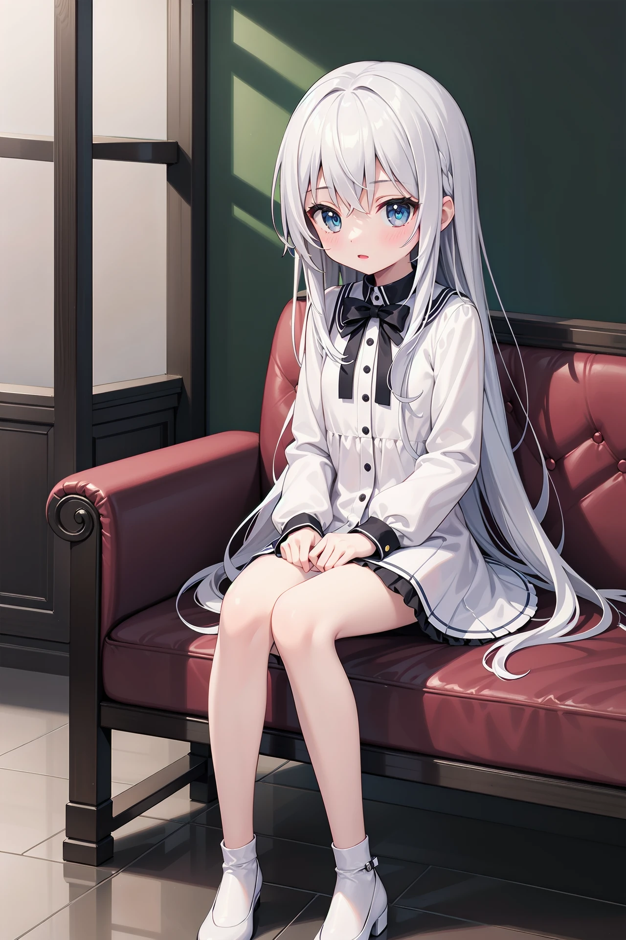 (((masterpiece))), best quality, illustration, (teenage girl), 1girl with white long hair, white long straight hair, ((cute)), (petite), slim, solo, solo focus, sitting