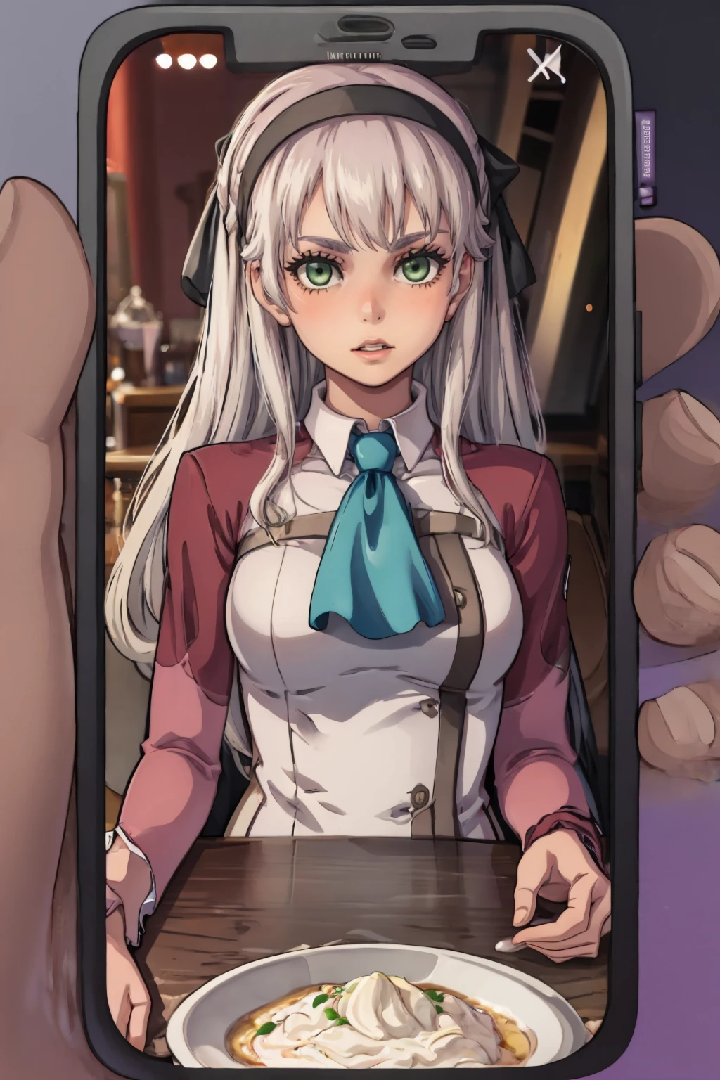 High Quality, Masterpiece, IncrsPhone, <lora:StevechopzPhone:1>, 1girl, elie macdowell, green eyes, hairband, blue ascot, hair ribbon, long sleeves, <lora:Char_OC_ElieMacDowell:0.9>, food, simple background, elbows on table, cup, blurry background, indoors, upper body, <lora:Pos_AcrossTable:1>