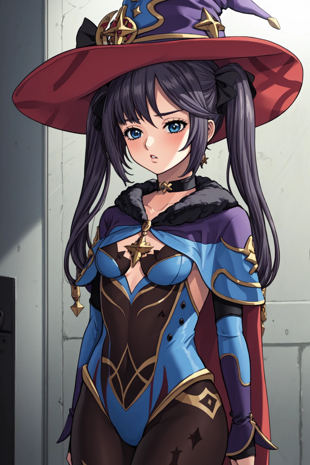 "(masterpiece:1.1), best quality,
1girl, (80s anime style:1.3), (eyelashes:1.5), (loli:1.2),
(intricate high detailed body:1.2),
(brown hair:1.1), (forehead, hair slicked back:1.2), (long hair:1.1), (witch hat:1.2),
blue eyes, (red lip stick:1.3),
(gigantic breasts:1.5),
(expressionless:1.2), open mouth,
(see-through lace leotard armor, criss-cross halter:1.2),
(knight armor, armored boots:1.2), (suspenders:1.1), (hoop earrings:1.1), sleeve,
standing, arms behind back,
(upper body, cowboy shot, looking at viewer, from front:1.1),
medieval tavern"