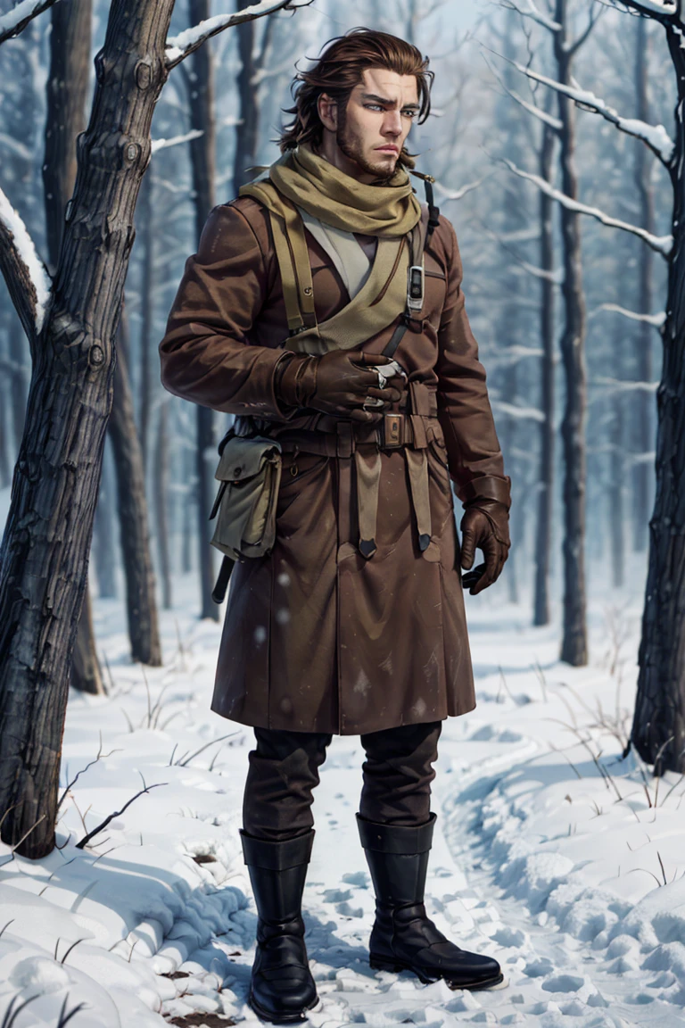 (1 image only),  solo male,  Vasily Pavlichenko,  Golden Kamuy,  Russian,  sniper,  brown hair,  blue eyes,  sharp eyes,  defined eyelashes,  furrowed brow,  wavy medium-length hair,  bold sideburns,  short and neat Shenandoah beard,  lightly-colored coat,  dark gloves,  scarf,  pants,  boots,  crossbody bag,  handsome,  charming,  alluring,  standing,  upper body in frame,  perfect anatomy,  perfect proportions,  2d,  anime,  (best quality,  masterpiece),  (perfect eyes,  perfect eye pupil),  high_resolution,  dutch angle,  snowy forest,  better_hands,<lora:EMS-291741-EMS:0.700000>,<lora:EMS-498-EMS:0.200000>