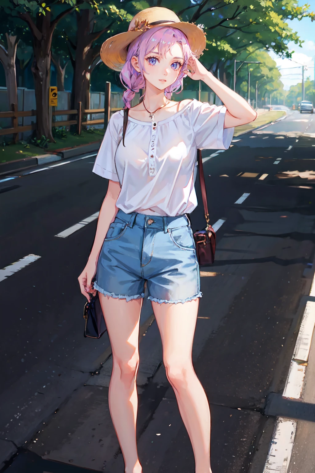 a woman wearing linen shirt and Bermuda shorts, highway, (natural lighting:0.5) <lora:fic-sofia:1>