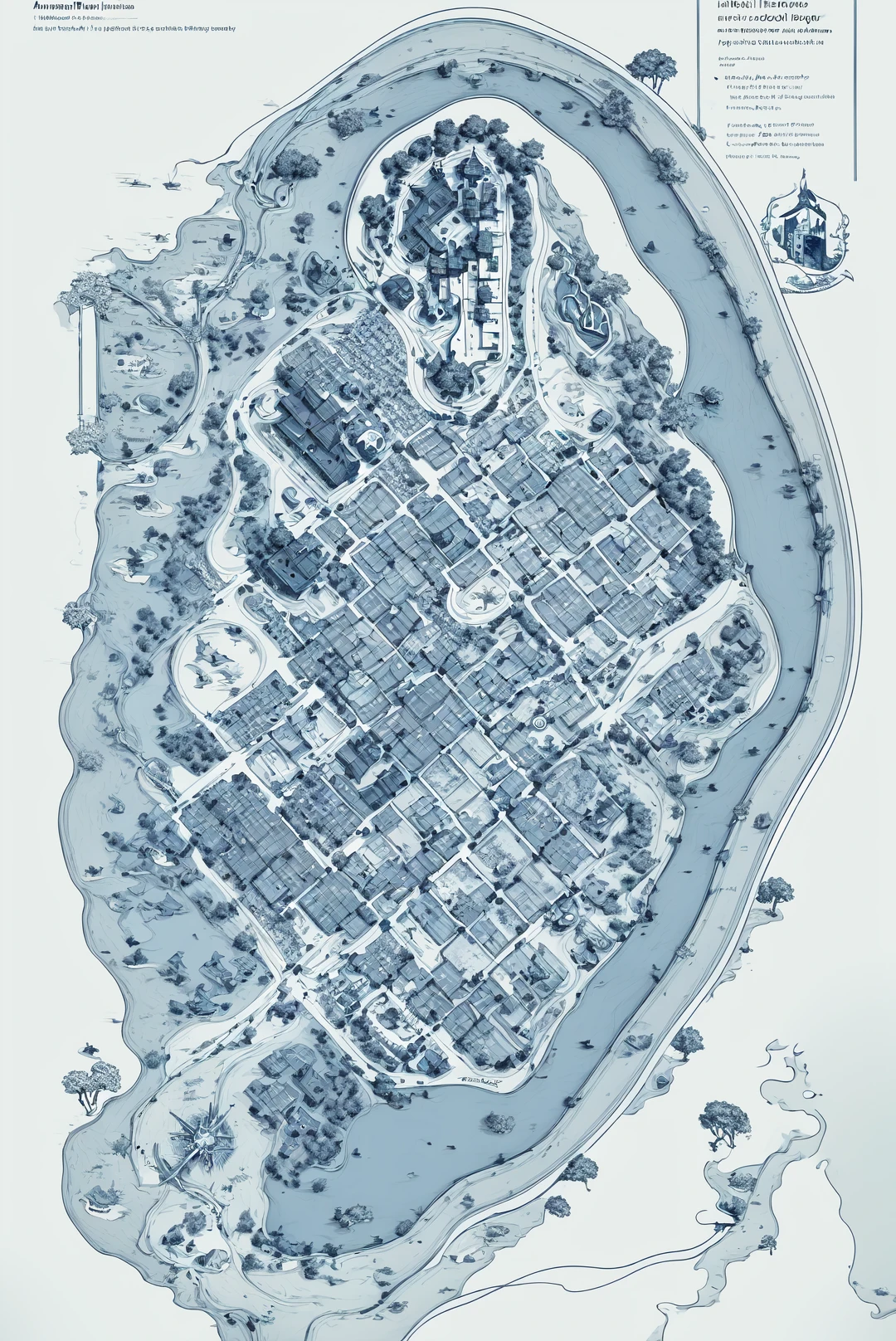 amazing, 4k, extremely detailed art, best quality, masterpiece,
<lora:cartography:1>, map, monochrome, no humans, (from above), border, tree, stairs, house, water, blue theme, cityscape, abstract, fine art parody,
(animal:1.5), (randomly placed animal on map),
<lora:more_details:0.5>