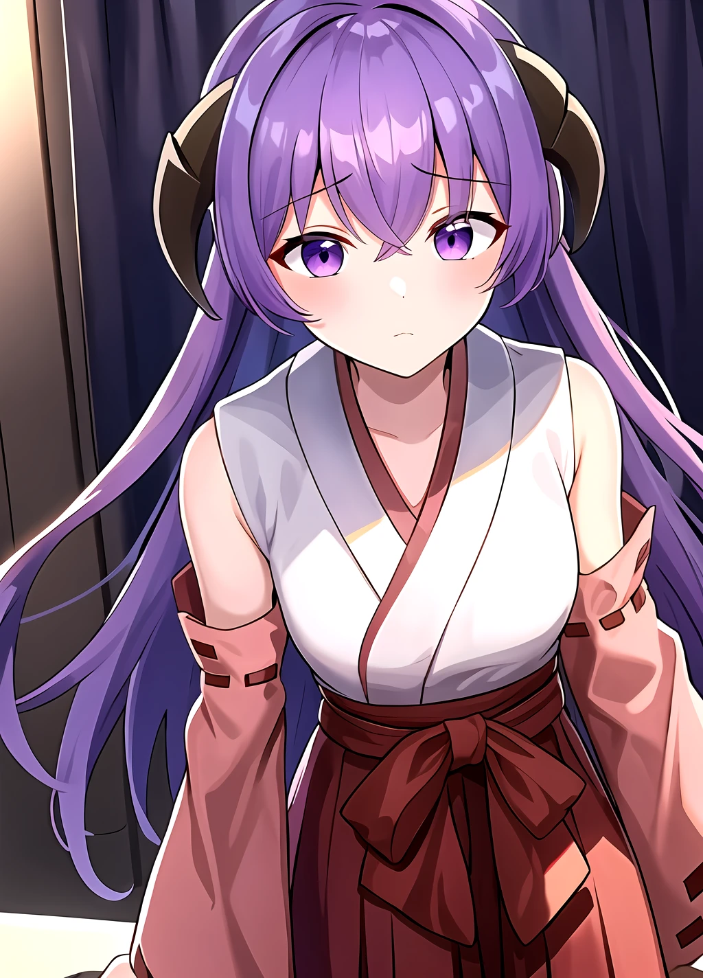 masterpiece, best quality, <lora:Hanyuu anylora13r30r37r-000006:0.7>, Hanyuu, 1girl, solo, purple eyes, horns, long hair, purple hair, looking at viewer,japanese clothes, miko, detached sleeves, hakama, hakama skirt, skirt, red hakama, ribbon-trimmed sleeves, close-up,