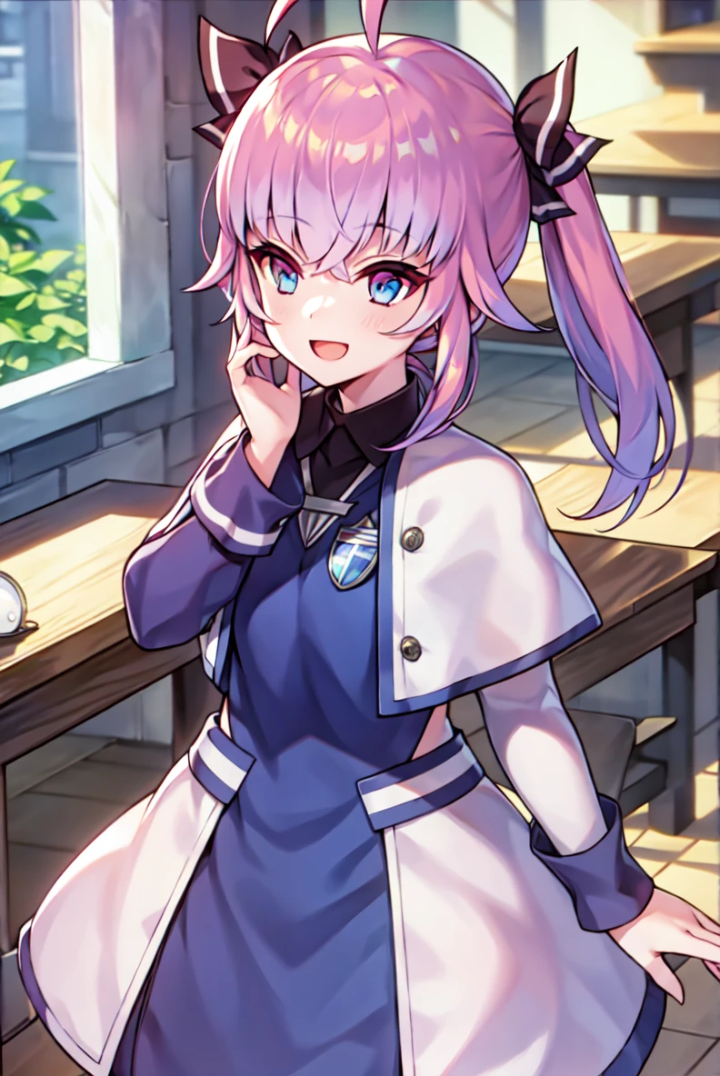 asta izorde, school uniform, ahoge, badge, twintail, 1girl, solo, smile, open mouth, hand on own face, multicolor eyes