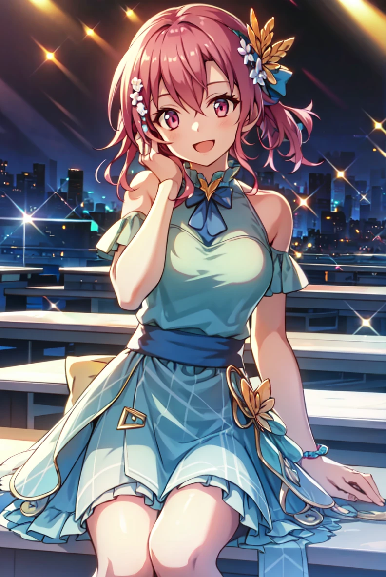ast dina-2, sleeveless dress, hair flower, hair ornament, 1girl, solo, smile, open mouth, hand on own face