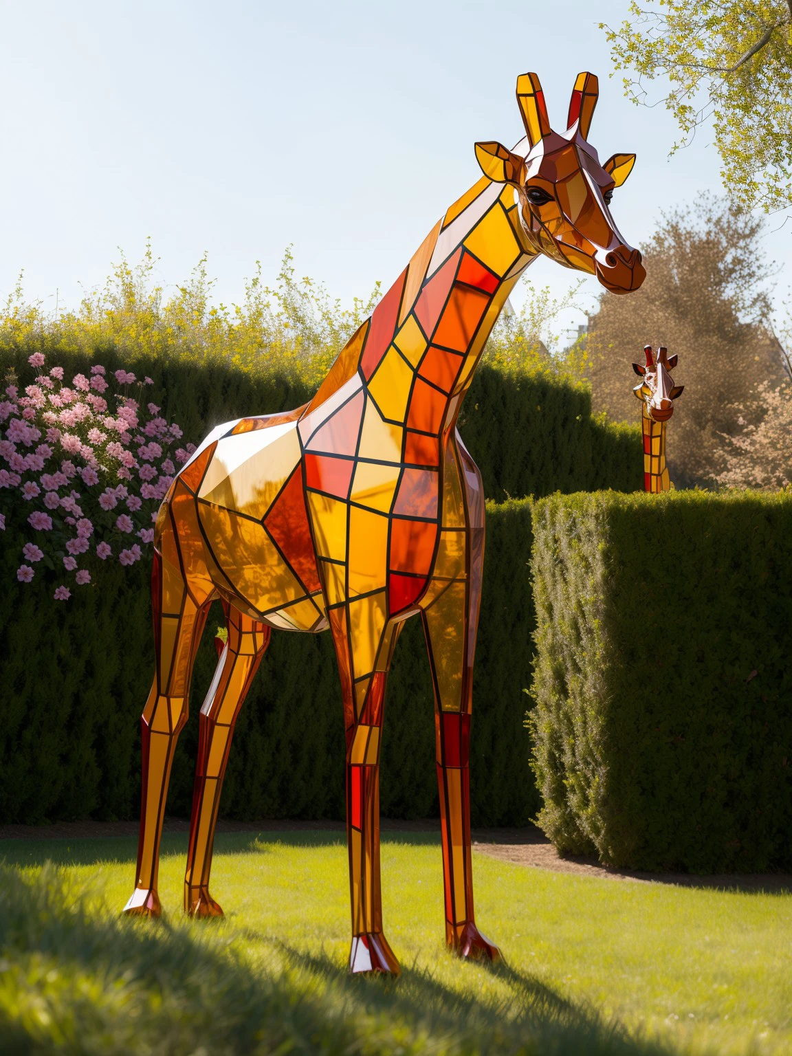 master piece, high quality,  a giraffe, in the garden, flowers,sunshine  <lora:J_glass:0.8> j_glass