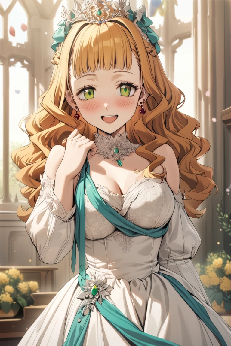 masterpiece, best quality, ultra detailed, cute, 
1girl, mimosa vermillion, green eyes , wavy hair, earrings,
frilled dress, prairie, bow, ribbon, beautiful dress, royal dress, dress ornaments, jewelry, tiara, crown, gem,:D, blush, smile ,cowboy shot, looking at viewer, best quality, absurdres, best aesthetic
<lora:MimosaVermillion_XL-000009:1>