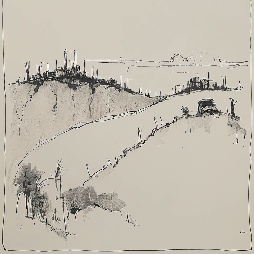 black and white drawing of a dystopian landscape <lora:my_sketching_style (1):1.3>