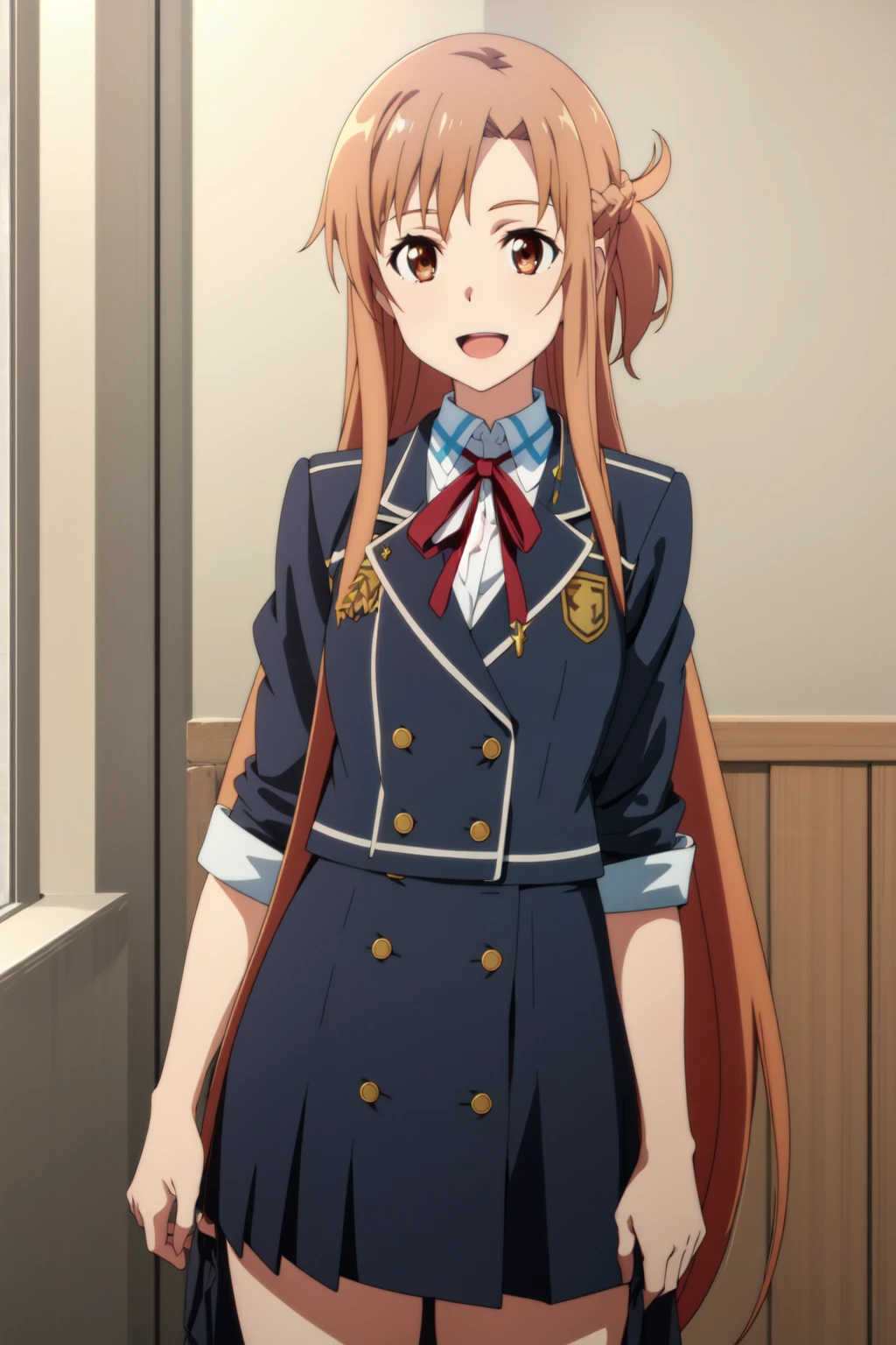 <lora:anime_screencap_v2:0.3> tall body, tall, long legs, mature female, mature, adult, <lora:GoodHands-beta2:1.4>, simple background, indoors
<lora:eft_s1_asuna:0.8> Eft_sao_asuna, asuna (sao), 1girl, long hair, solo, brown hair, brown eyes, school uniform, holding, open mouth, red ribbon, neck ribbon, indoors, ribbon, smile, braid, standing, very long hair, skirt, half updo, shirt, pleated skirt, black skirt