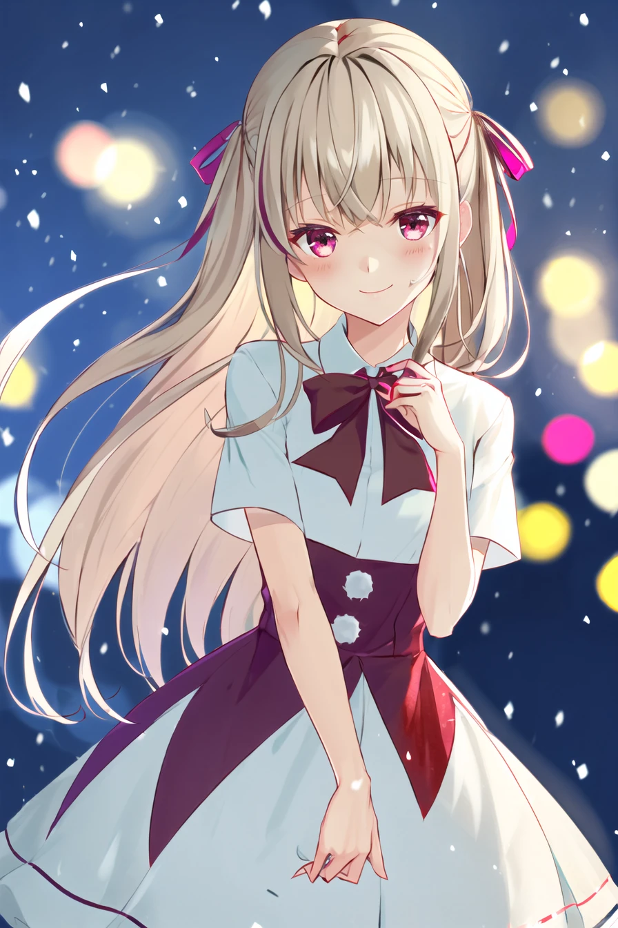 1girl, long_hair, solo, christmas, blurry, snowing, snowflakes, blurry_background, looking_at_viewer, bangs, christmas_tree, depth_of_field, merry_christmas, hair_ornament, light_particles, smile, bow, dress, upper_body, red_ribbon, bokeh, blonde_hair, red_bow, snow, closed_mouth, very_long_hair, red_neckwear, ribbon, brown_eyes, short_sleeves, blush  <lora:style_yusanoT0:1>