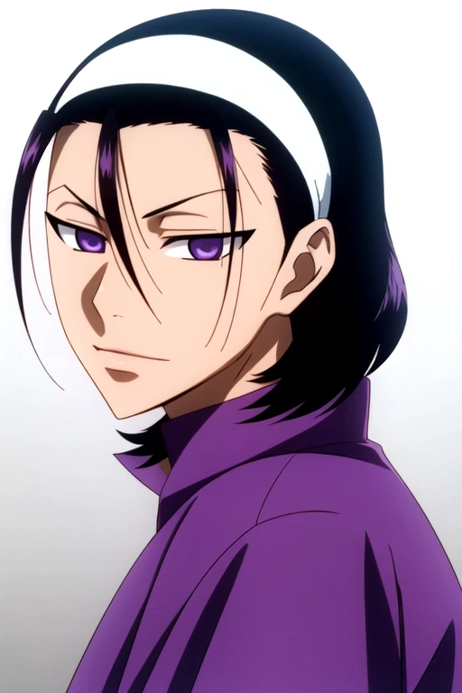 photorealistic, (4k), depth of field, (Masterpiece), (realistic skin texture), extremely detailed, intricate, hyper detailed, high resolution, professional photography, , depth of field, sharp detail, best quality, looking at viewer, 1boy, solo, male focus, <lora:jinpachi_toudou:0.92>, jinpachi_toudou, black hair, purple eyes, , hairband,
