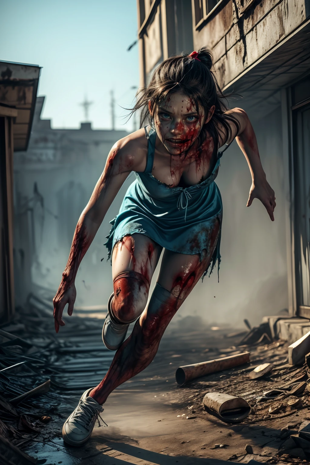 40_Zoey olderv2,dynamic angles,masterpiece,(detailed),(detailed skin),(((day))),(((sunny))),(((clear sky))),Zombie,gore,torn flesh,missing flesh 1girl,solo,breasts,blue eyes,brown hair,cleavage,huge breasts,lips,blood,blood on face,realistic,guro,with a ribbon in her hair,wearing a cute blue dress,sneakers,white thigh highs,in an apocalyptic city,extremely detailed 8K,smooth,high resolution,ultra quality,highly detail eyes,highly detail mouth,perfect eyes,both eyes are the same,hd,2k,4k,8k,16k,(((full body))),(((action poses))),(looking at viewer),natural light,vivid colors,ray tracing,<lora:Zoey_zombie_olderV2_r40:0.8>,<lora:more_details:0.6>,