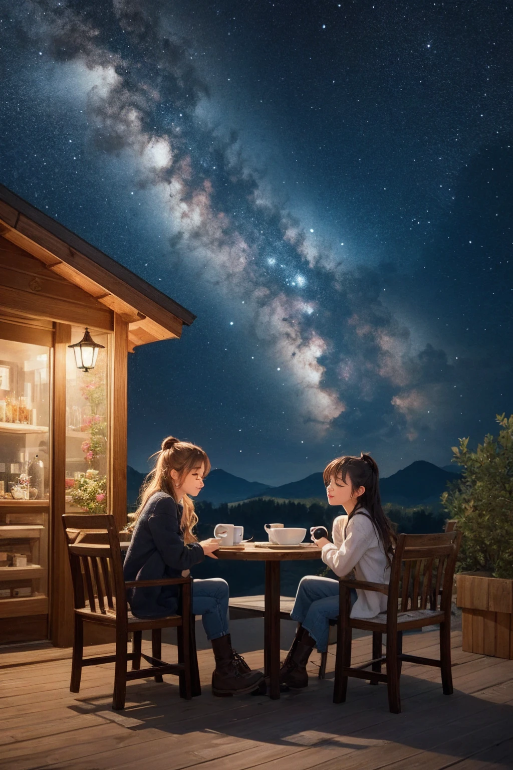 two mugs with cute 3d character faces, filled with coffee, sharing a cozy moment together on a fantasy art wall, at night, bright spotlight, bright sky, nebula, galaxy,