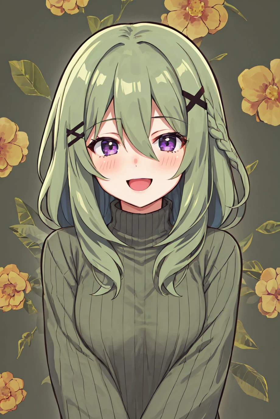 1girl, dark green hair, long hair, x hair ornament, hair between eyes, blush, happy, purple eyes, ribbed sweater, green dress, floral background, upper body, <lora:Outline_V2:1>