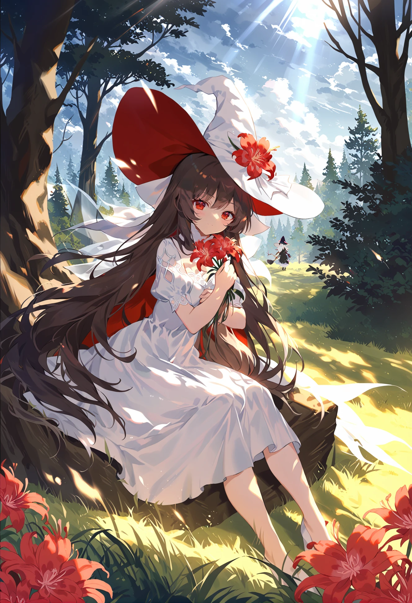 best quality, masterpiece,
////////////////
1girl, witch hat, tree, hat, dress, white dress, solo, sitting, outdoors, witch, white headwear, grass, sky, fire, black hair, cloud, bare tree ,flower, long hair, nature, solo, tree, dress, red flower, very long hair, scenery, forest, sunlight, outdoors, spider lily, light rays, blurry, brown hair, holding flower, white dress, depth of field, holding, standing, sunbeam