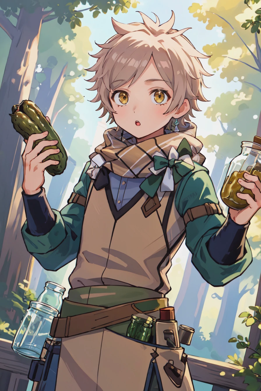masterpiece, best quality, 1boy, solo, looking at viewer, :o, (holding large jar, pickles:1.1), <lora:ClanneFE:0.8> clanneFE, long sleeves, bow, scarf, outdoors, forest