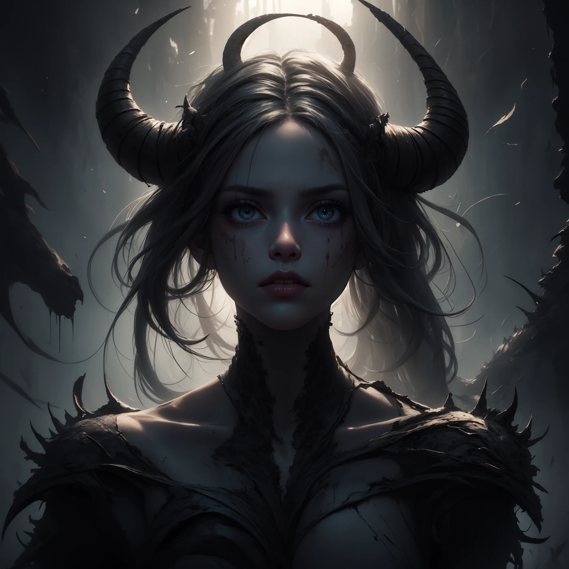 ((8k, best quality, masterpiece, extremely detailed, Rule of thirds)), (((light play, shadow play))), ((horror background)), ((frenzied pose)), ((cinematic photography)), ((film grain)), ((soft light passing through hair)), nightmare, torn clothing, horns, long silver hair,