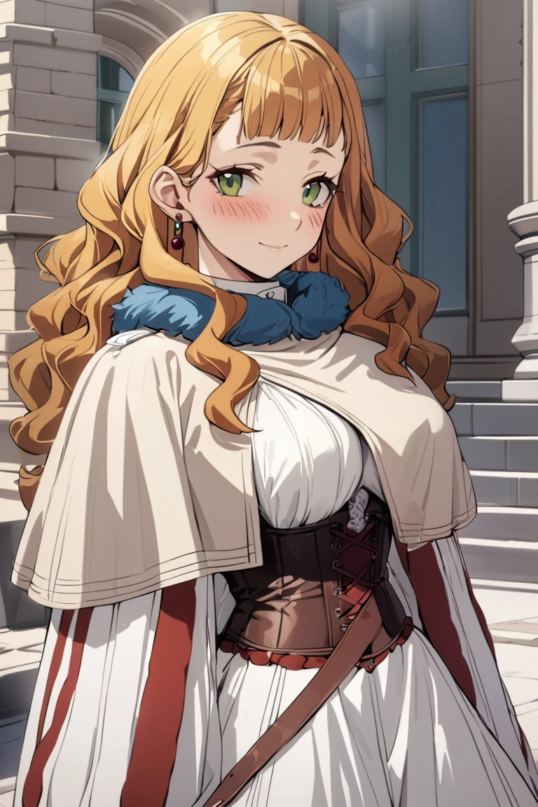 masterpiece, best quality, ultra detailed, cute, 
1girl, mimosa vermillion, green eyes , wavy hair, earrings,
white dress, , capelet, fur trim, corset, blush, light smile ,cowboy shot, looking at viewer, outdoors, best quality, absurdres, best aesthetic
<lora:MimosaVermillion_XL-000009:0.9>