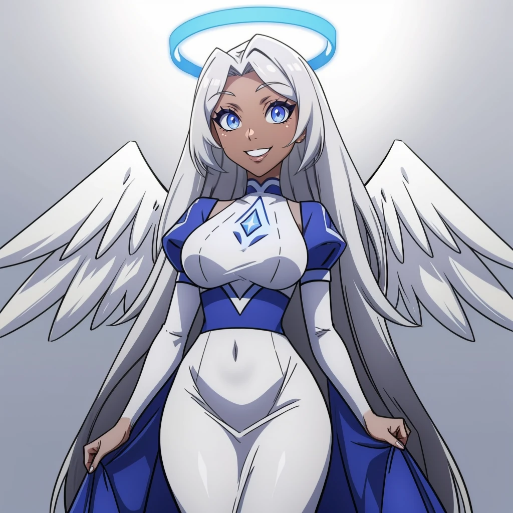 (masterpiece, best quality:1.3), 1girl, solo, looking at viewer, wide hips, mature female, closed mouth, seductive smile, large breasts, cowboy shot, thick thighs, <lora:add_detail:.5> Emily, angel, angel wings, halo, long hair, smile, blue eyes, white hair, (grey skin:1.2), colored skin, light blue sclera, very long hair, white dress, open mouth <lora:Emily Hazbin Hotel:.7>