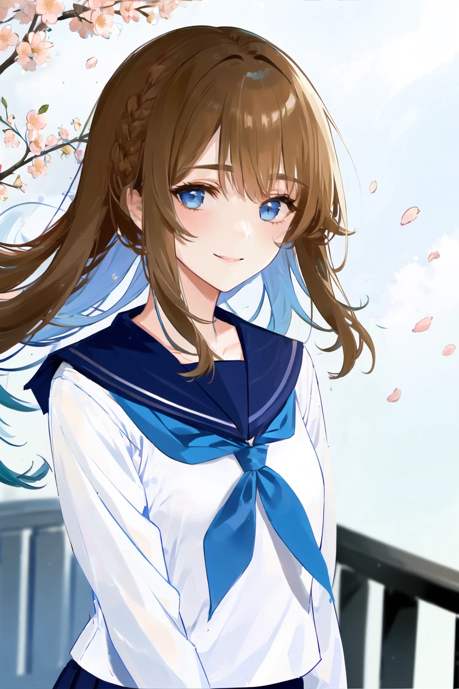 (upper_body:1.5), brown_hair, close-up, cherry_blossoms, outdoors, day, spring_\(season\), 1girl, smile, solo, bangs, blue_eyes, blush, closed_mouth, looking_at_viewer, long_hair, branch, eyebrows_visible_through_hair, floating_hair,hair_between_eyes, blue_sailor_collar, serafuku, long_sleeves, neckerchief, pleated skirt, pink_flower, petals, tree, white_shirt, wind, railing, sky <lora:style_Yuban12003T1:1>