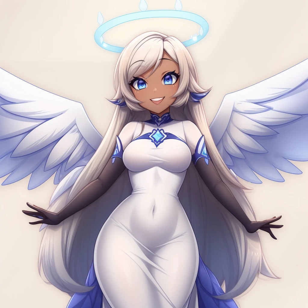 (masterpiece, best quality:1.3), 1girl, solo, looking at viewer, wide hips, simple background, mature female, closed mouth, small breasts, cowboy shot, thick thighs, <lora:add_detail:.5> Emily, angel, angel wings, halo, long hair, smile, blue eyes, white hair, (grey skin:1.2), colored skin, light blue sclera, very long hair, white dress, open mouth <lora:Emily Hazbin Hotel:.7>