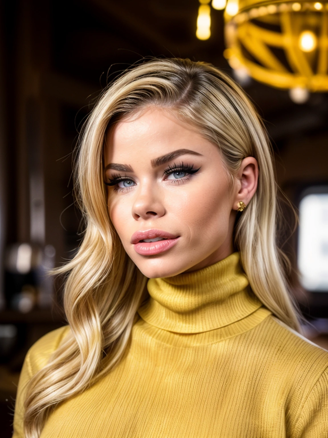 closeup headshot of aletex, RAW photo of an extremely sexy woman in a cozy tavern, (wearing long sleeved turtleneck jumper:1.2) , 150mm professional photography, full detail, detailed face, 8k uhd, dslr, soft lighting, high quality, film grain, Fujifilm XT3