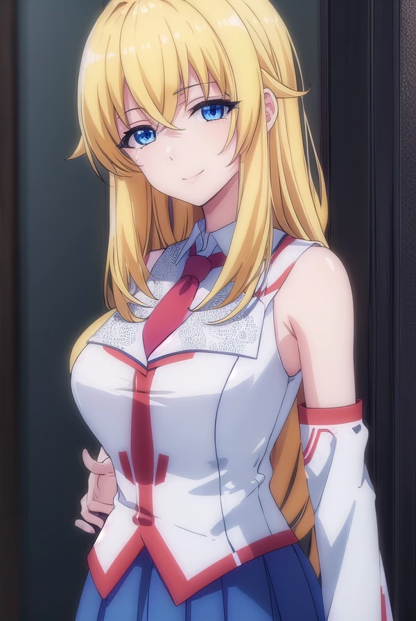 yurishiafarandole, <lora:yurishia farandole s1-lora-nochekaiser:1>,
yurishia farandole, long hair, blue eyes, blonde hair, hair between eyes, smile,
BREAK skirt, bare shoulders, school uniform, detached sleeves, necktie, uniform, (white shirt:1.2),
BREAK indoors, classroom,
BREAK looking at viewer, (cowboy shot:1.5),
BREAK <lyco:GoodHands-beta2:1>, (masterpiece:1.2), best quality, high resolution, unity 8k wallpaper, (illustration:0.8), (beautiful detailed eyes:1.6), extremely detailed face, perfect lighting, extremely detailed CG, (perfect hands, perfect anatomy),