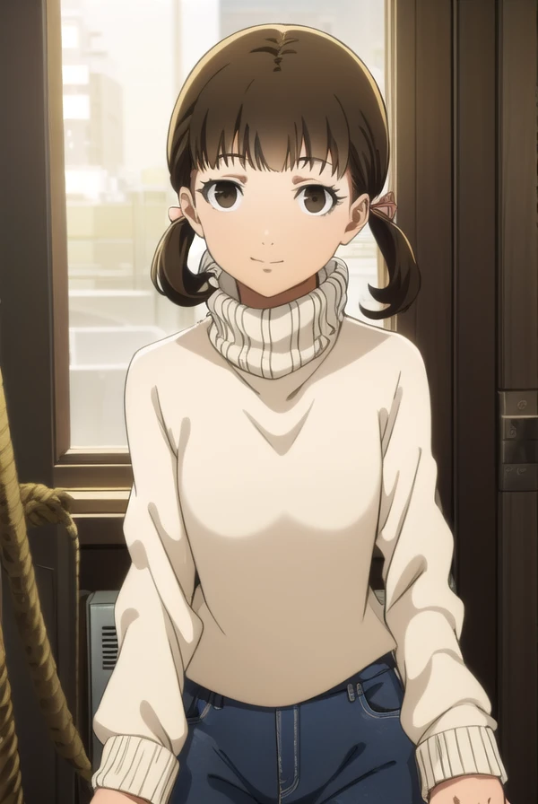 nanakodoujima, <lora:nanako doujima s1-lora-nochekaiser:1>,
nanako doujima, brown hair, twintails, (brown eyes:1.5), short twintails, child, smile,
BREAK dress, turtleneck, long sleeves, sweater,
BREAK indoors,
BREAK looking at viewer, (cowboy shot:1.5),
BREAK <lyco:GoodHands-beta2:1>, (masterpiece:1.2), best quality, high resolution, unity 8k wallpaper, (illustration:0.8), (beautiful detailed eyes:1.6), extremely detailed face, perfect lighting, extremely detailed CG, (perfect hands, perfect anatomy),