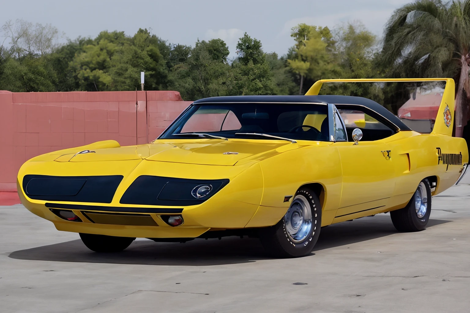 Photo of a yellow 1970 Plymouth Superbird <lora:1970_Plymouth_Superbird_by_IMAK:0.8> 1970sb