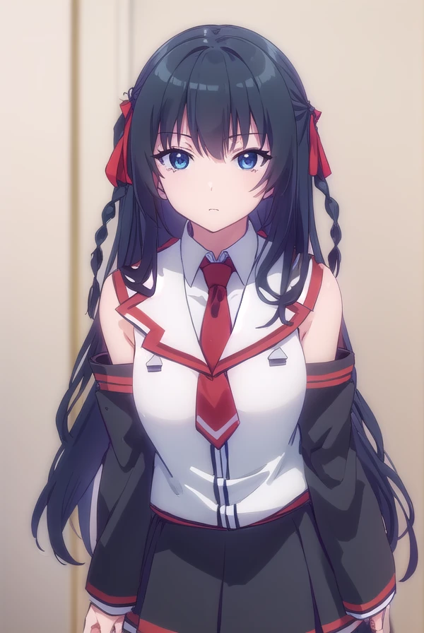 hayuruhimekawa, <lora:hayuru himekawa s1-lora-nochekaiser:1>,
hayuru himekawa, long hair, (black eyes:1.3), black hair, hair ribbon, braid, twin braids
BREAK skirt, thighhighs, ribbon, school uniform, detached sleeves, necktie, black skirt, red necktie,
BREAK indoors, classroom,
BREAK looking at viewer, (cowboy shot:1.5),
BREAK <lyco:GoodHands-beta2:1>, (masterpiece:1.2), best quality, high resolution, unity 8k wallpaper, (illustration:0.8), (beautiful detailed eyes:1.6), extremely detailed face, perfect lighting, extremely detailed CG, (perfect hands, perfect anatomy),
