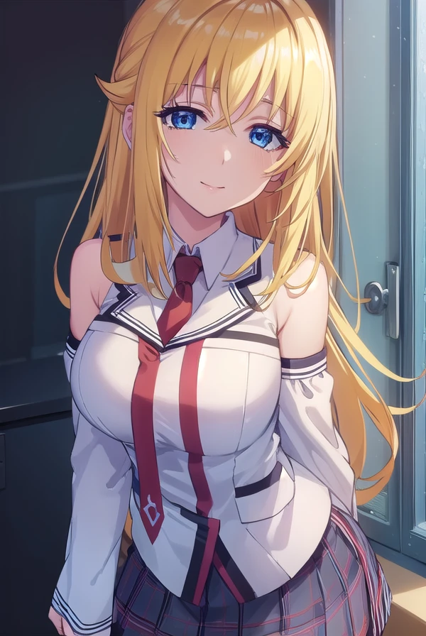 yurishiafarandole, <lora:yurishia farandole s1-lora-nochekaiser:1>,
yurishia farandole, long hair, blue eyes, blonde hair, hair between eyes, smile,
BREAK skirt, bare shoulders, school uniform, detached sleeves, necktie, uniform, (white shirt:1.2),
BREAK indoors, classroom,
BREAK looking at viewer, (cowboy shot:1.5),
BREAK <lyco:GoodHands-beta2:1>, (masterpiece:1.2), best quality, high resolution, unity 8k wallpaper, (illustration:0.8), (beautiful detailed eyes:1.6), extremely detailed face, perfect lighting, extremely detailed CG, (perfect hands, perfect anatomy),